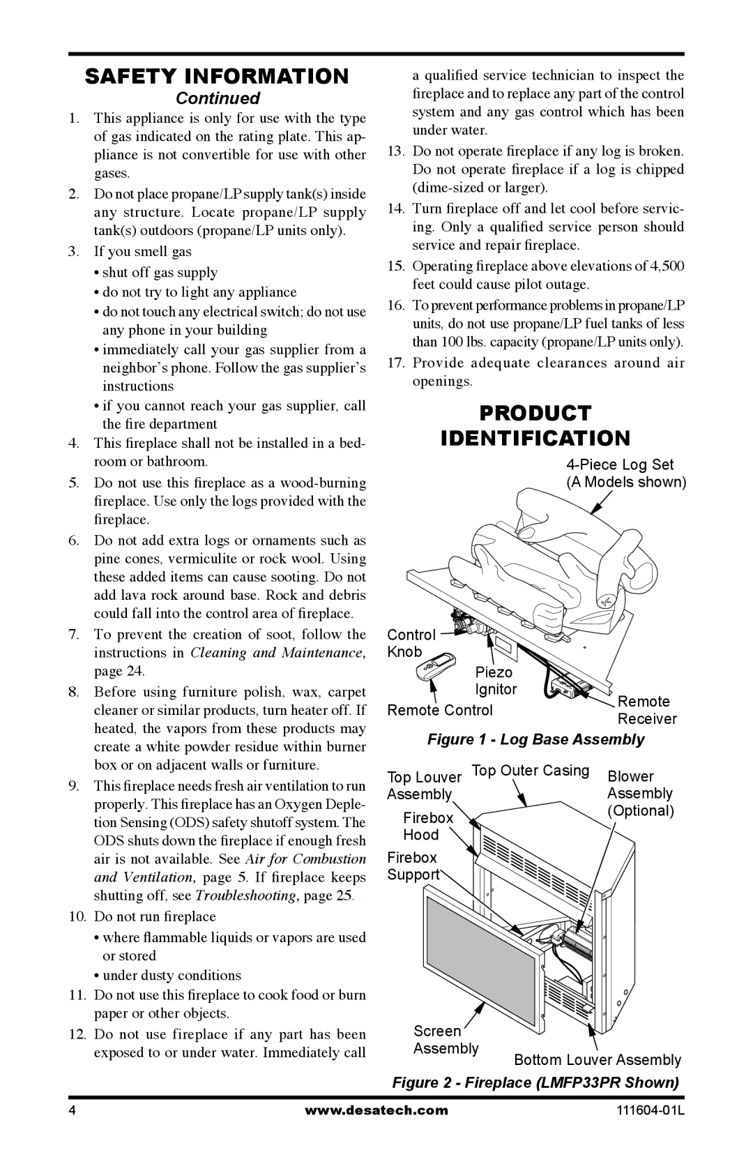 Desa LMFP33PR(A) installation manual Product Identification, Log Base Assembly 