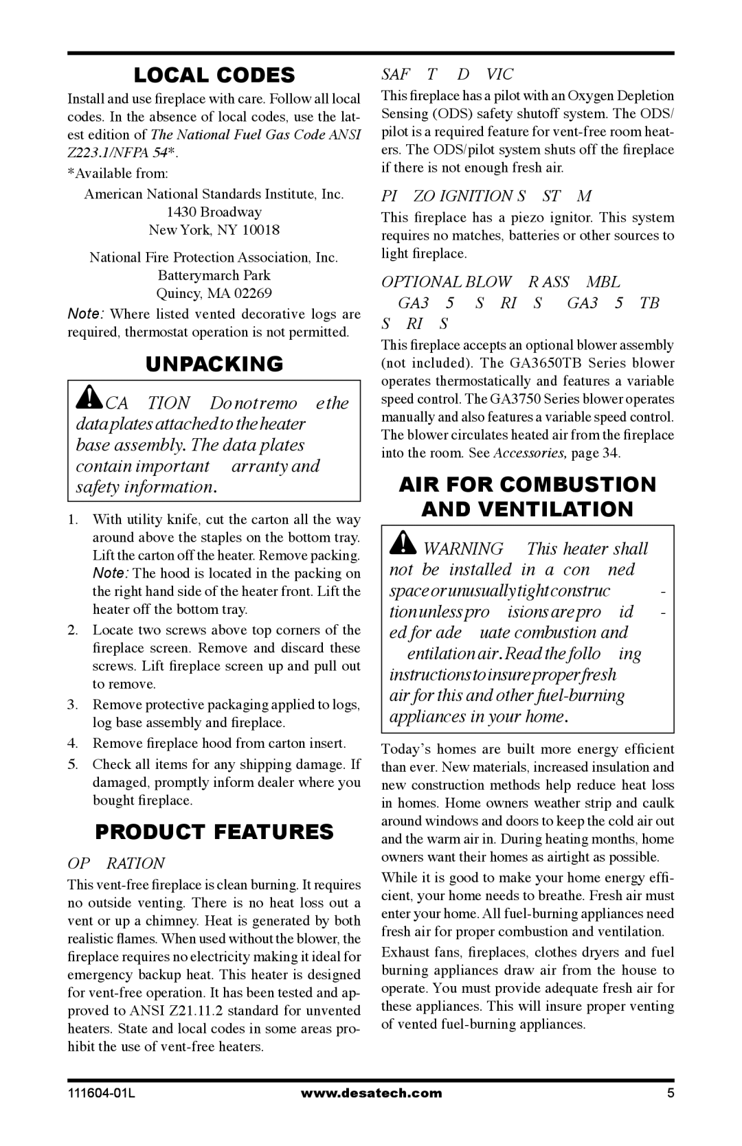 Desa LMFP33PR(A) installation manual Local Codes, Unpacking, Product Features, AIR for Combustion Ventilation 