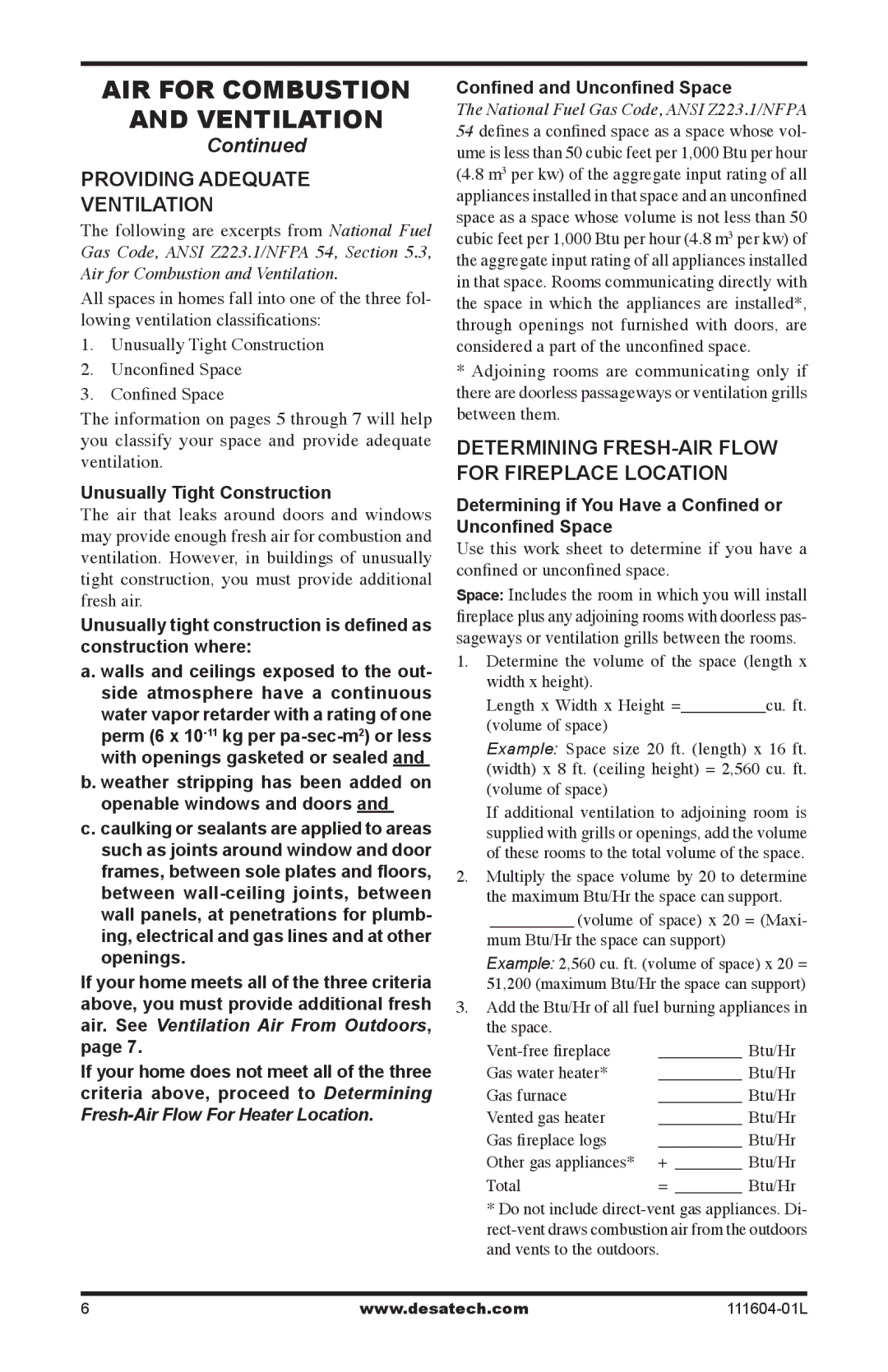 Desa LMFP33PR(A) installation manual Providing Adequate Ventilation, Determining FRESH-AIR Flow for Fireplace Location 