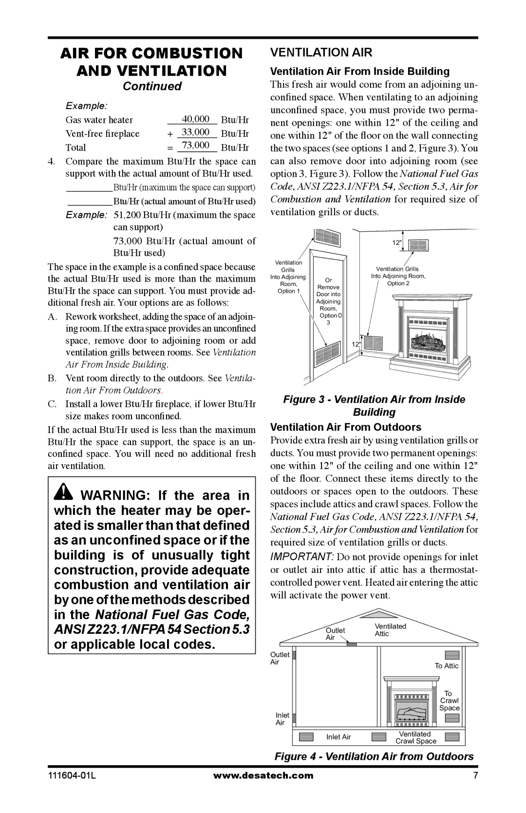 Desa LMFP33PR(A) installation manual Ventilation AIR, Ventilation Air From Inside Building, Ventilation Air From Outdoors 