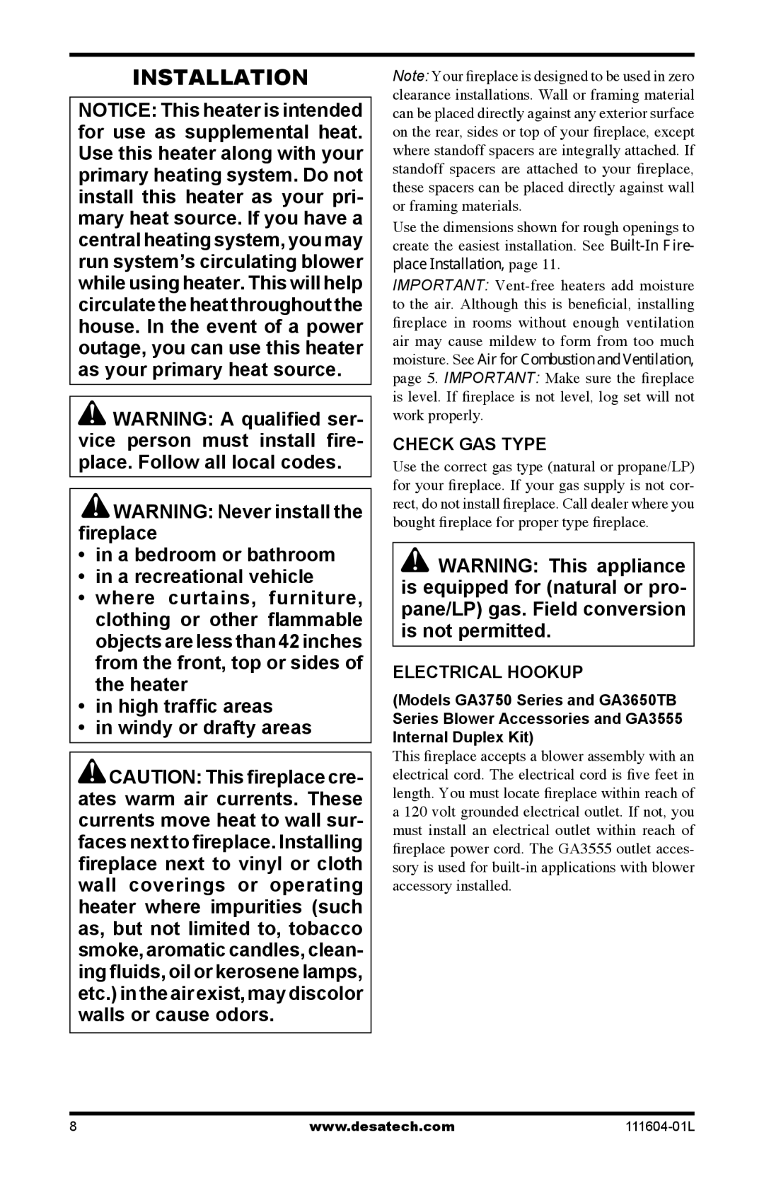 Desa LMFP33PR(A) installation manual Installation, Check GAS Type, Electrical Hookup 