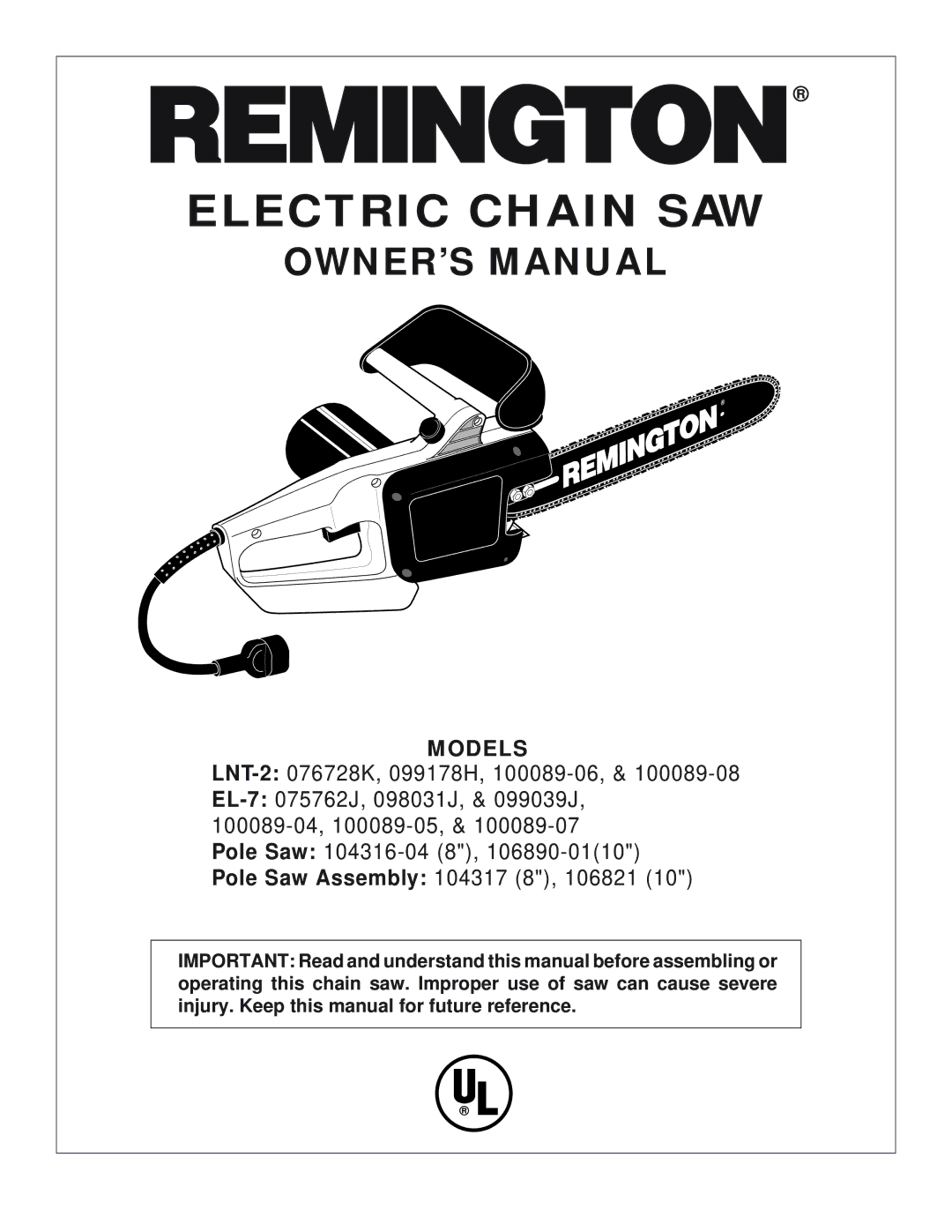 Desa 100089-07, LNT-2: 076728K, & 099039J owner manual Electric Chain SAW 