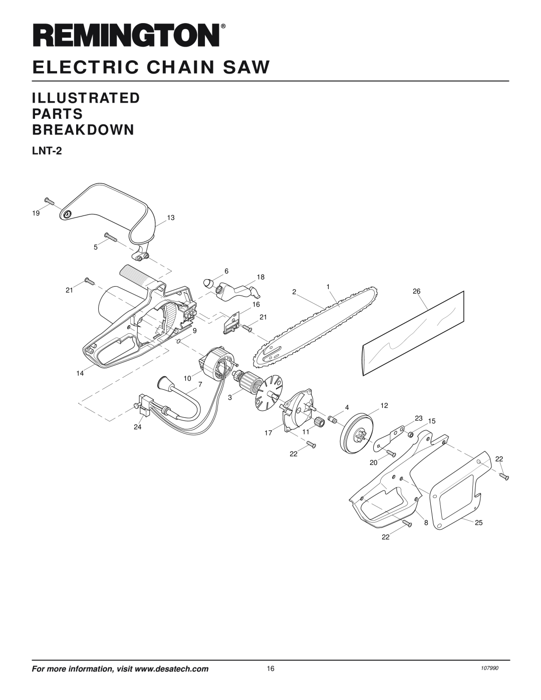 Desa LNT-2: 076728K, 100089-07, & 099039J owner manual Illustrated Parts Breakdown, Electric Chain Saw, 107990 