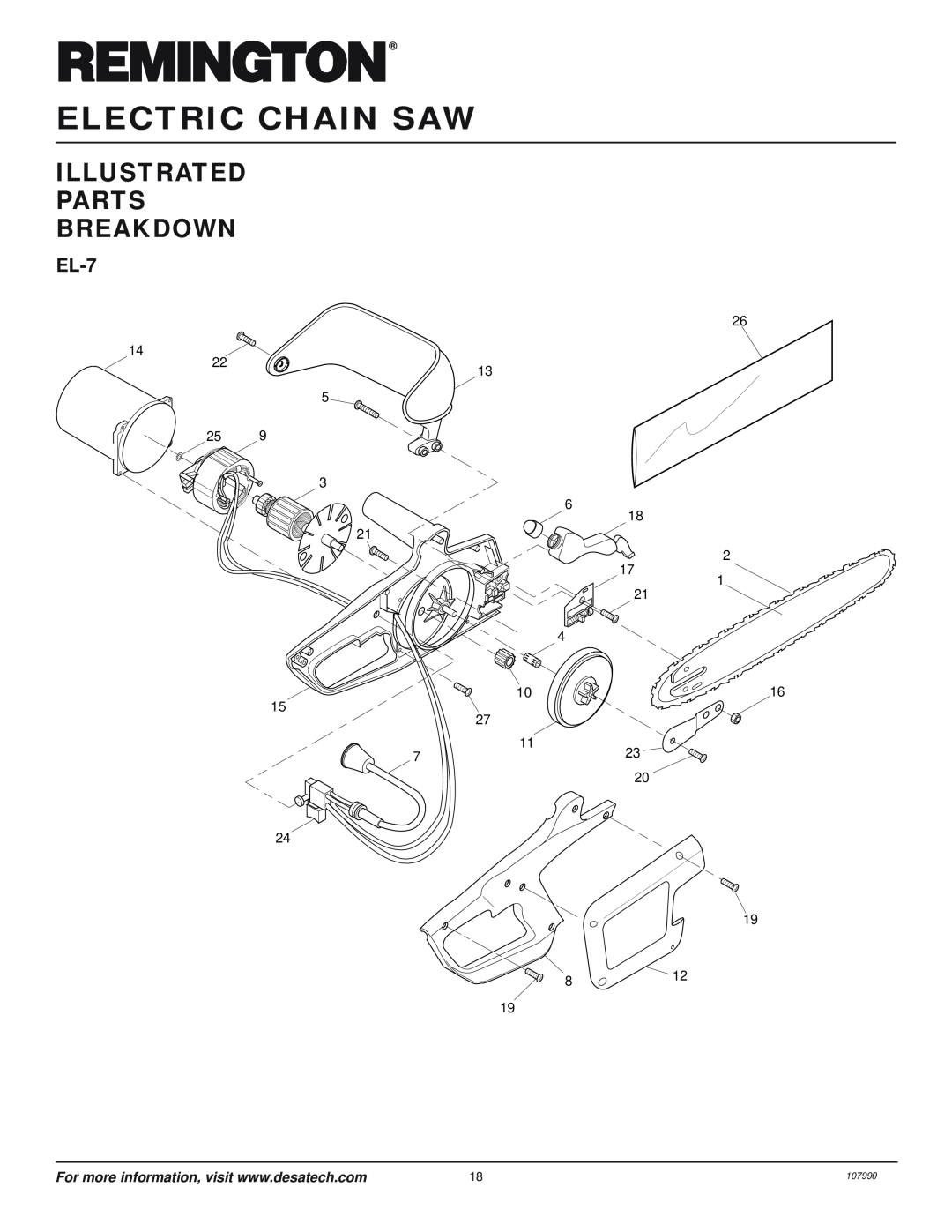 Desa & 099039J, LNT-2: 076728K, 100089-07 owner manual EL-7, Electric Chain Saw, Illustrated Parts Breakdown, 107990 