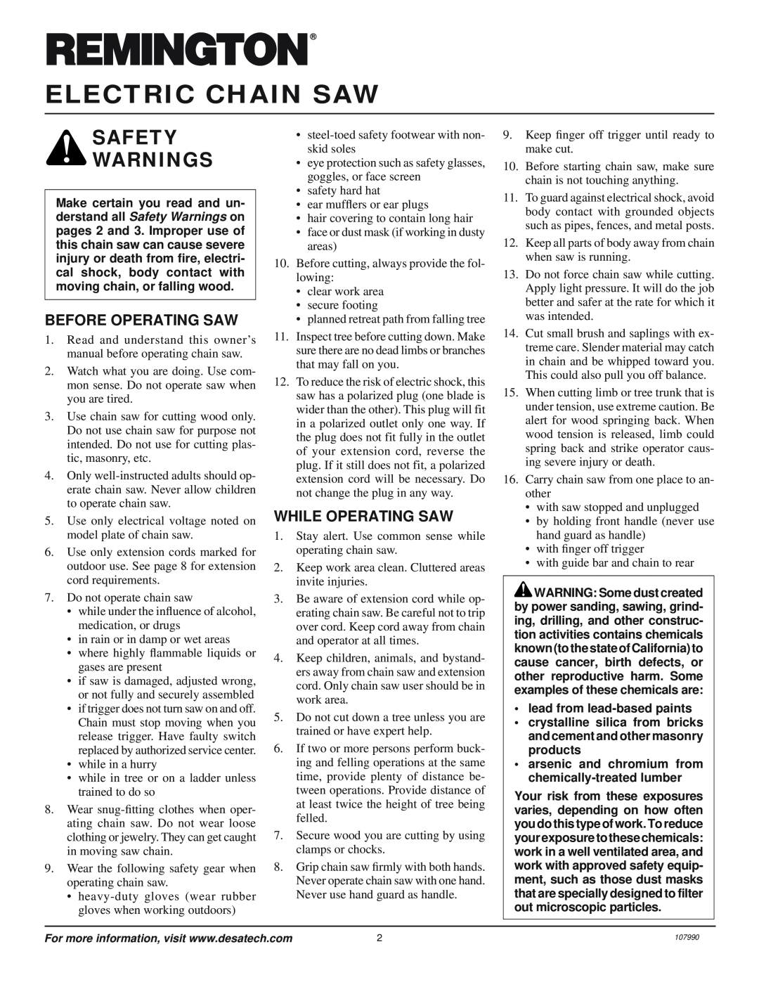 Desa & 099039J, LNT-2: 076728K, 100089-07 Electric Chain Saw, Safety Warnings, Before Operating Saw, While Operating Saw 