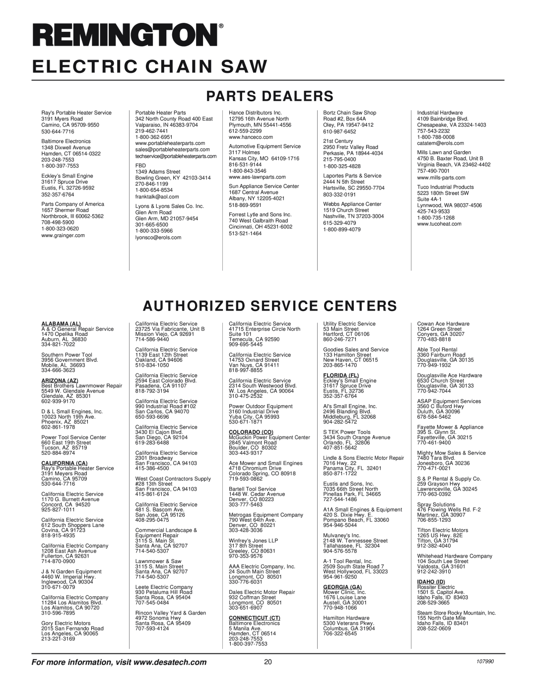 Desa LNT-2: 076728K Parts Dealers, Authorized Service Centers, Electric Chain Saw, Alabama Al, Arizona Az, California Ca 