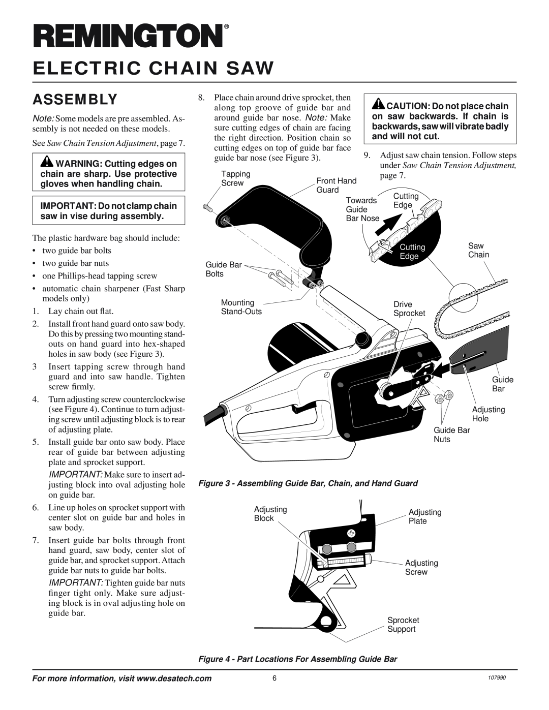 Desa & 099039J, 100089-07 Assembly, See Saw Chain Tension Adjustment, page, Electric Chain Saw, CAUTION Do not place chain 