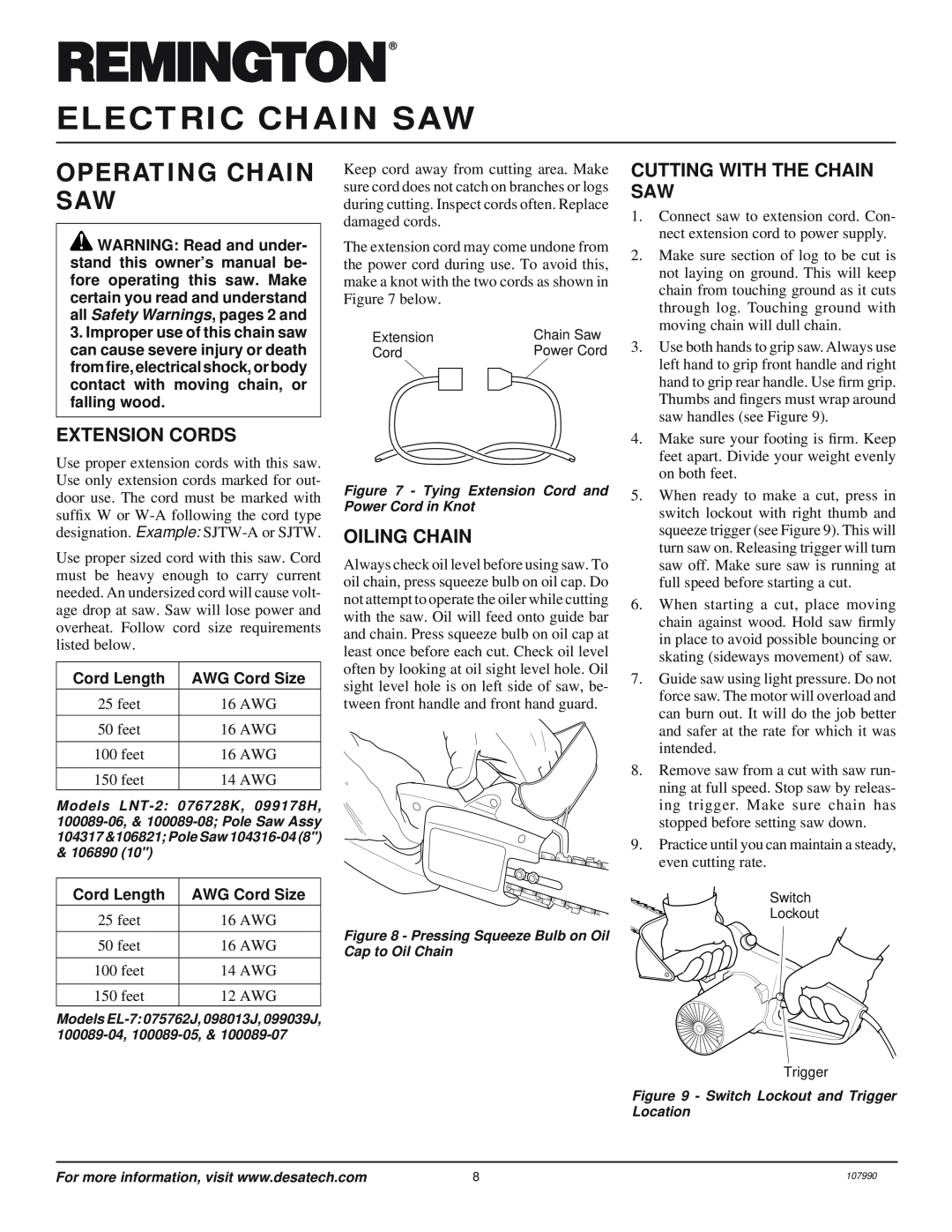 Desa LNT-2: 076728K Operating Chain Saw, Extension Cords, Oiling Chain, Cutting With The Chain Saw, Electric Chain Saw 