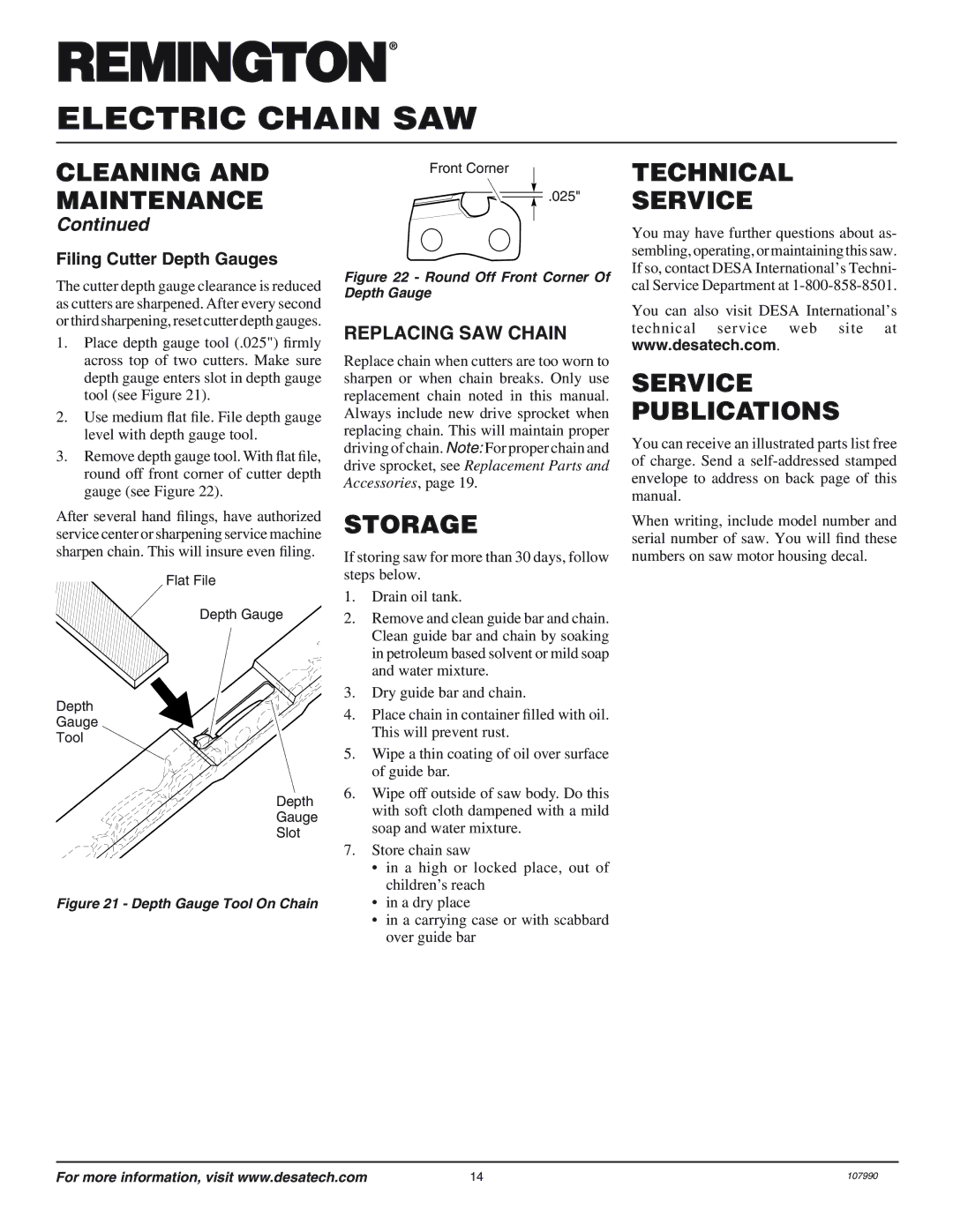 Desa EL-7 099039J Storage, Technical Service, Service Publications, Replacing SAW Chain, Filing Cutter Depth Gauges 