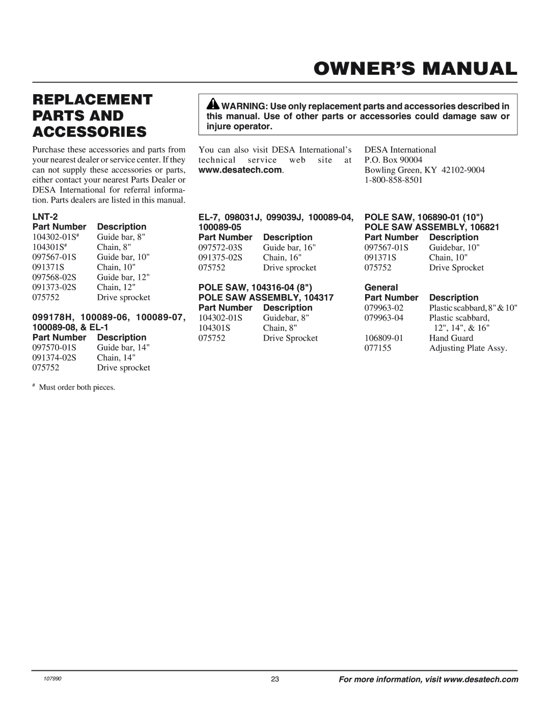 Desa LNT-2 076728K, EL-7 099039J Replacement Parts and Accessories, Part Number Description, Pole SAW, 104316-04 General 