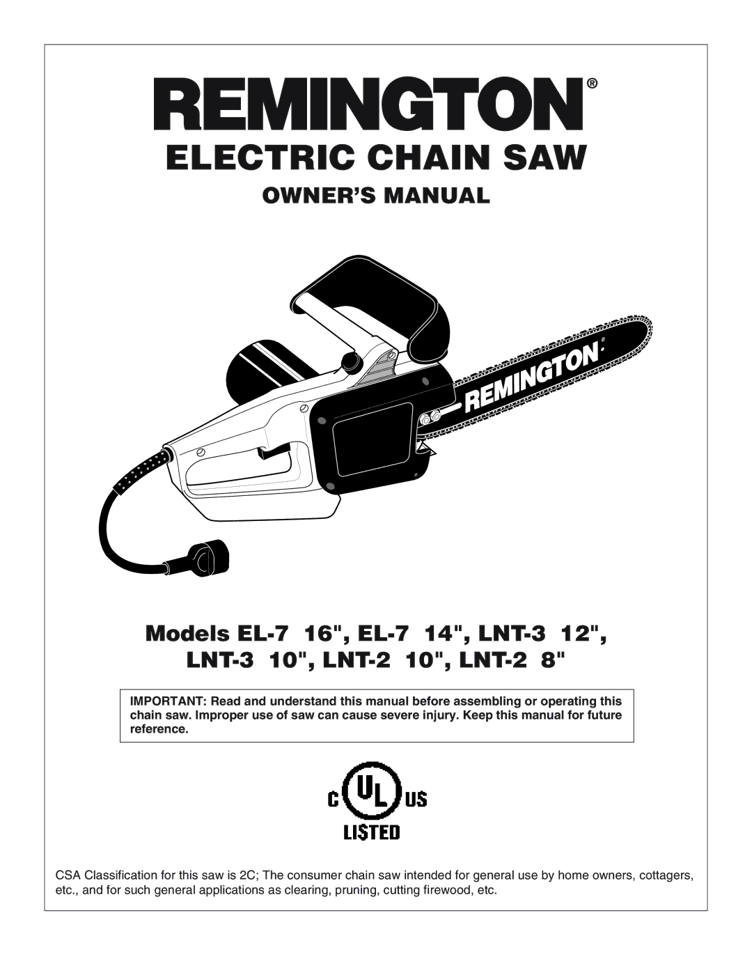 Desa LNT-2 8-inch, LNT-3 12-inch, EL-7 14-inch, EL-7 16-inch, LNT-2 10-inch, LNT-3 10-inch owner manual Electric Chain SAW 