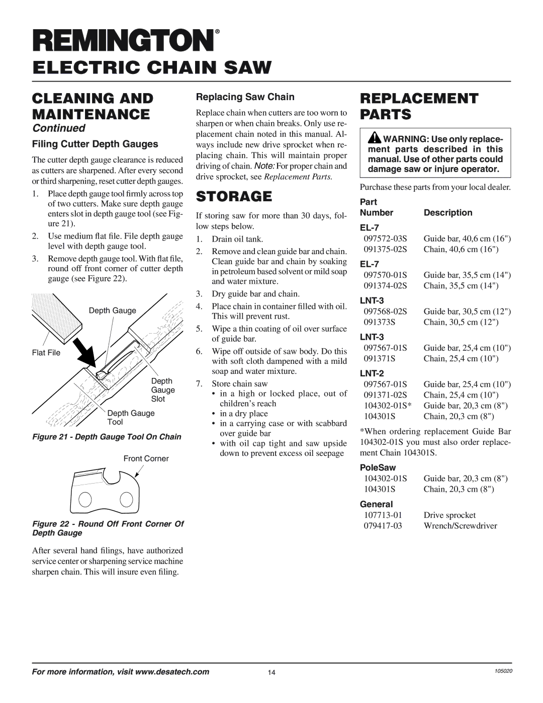 Desa EL-7 14-inch, LNT-3 12-inch, LNT-2 8-inch Storage, Replacement Parts, Filing Cutter Depth Gauges, Replacing Saw Chain 