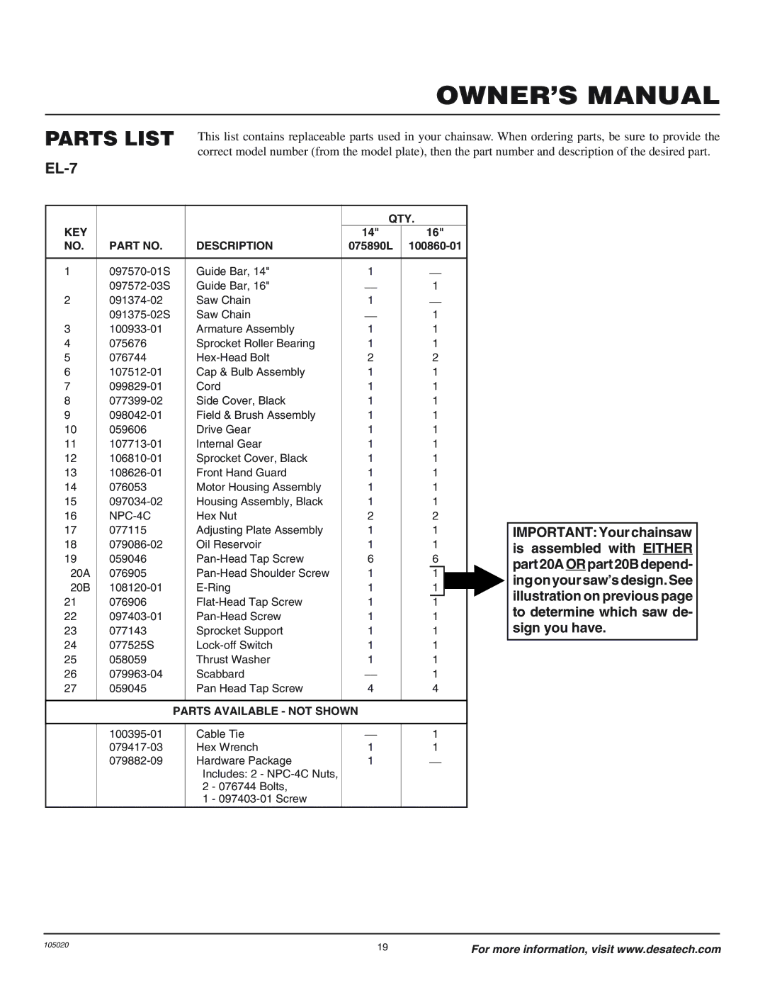 Desa LNT-2 8-inch, LNT-3 12-inch, EL-7 14-inch, EL-7 16-inch, LNT-2 10-inch, LNT-3 10-inch owner manual Qty 