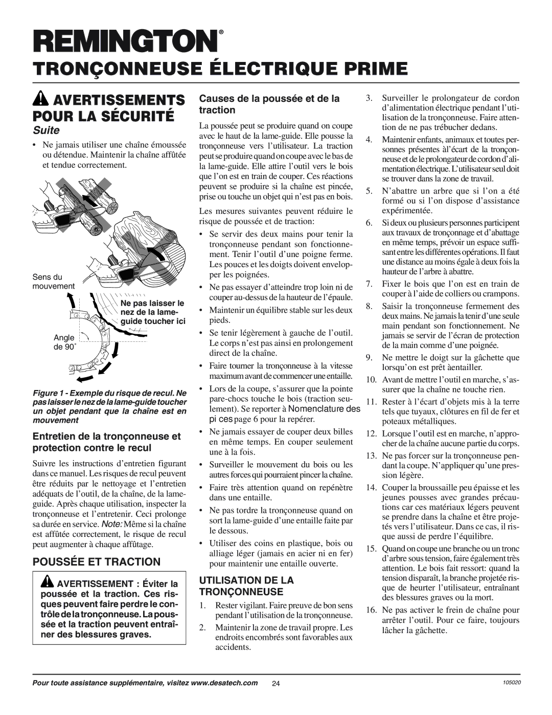 Desa LNT-3 12-inch, LNT-2 8-inch owner manual POUSSƒE ET Traction, Entretien de la trononneuse et protection contre le recul 