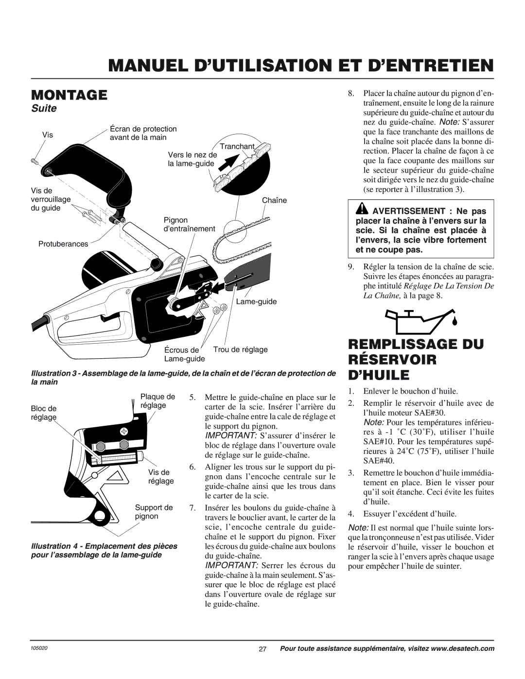 Desa EL-7 16-inch, LNT-3 12-inch, LNT-2 8-inch, EL-7 14-inch, LNT-2 10-inch, LNT-3 10-inch Remplissage DU Réservoir D’HUILE 