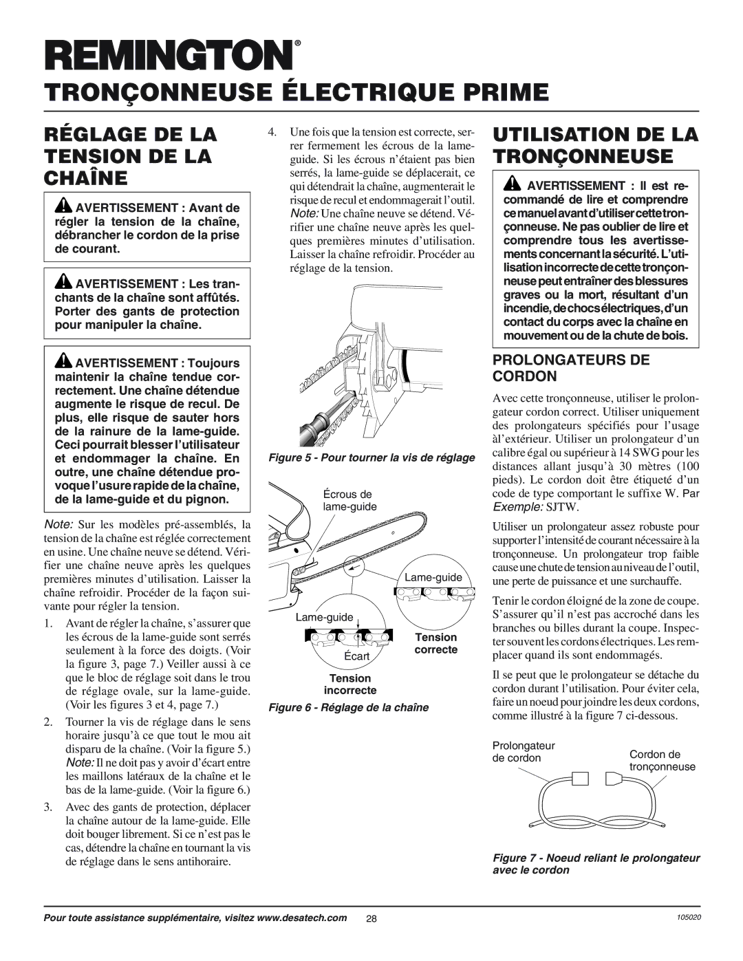 Desa LNT-2 10-inch owner manual Réglage DE LA Tension DE LA Chaîne, Utilisation DE LA Tronçonneuse, Prolongateurs DE Cordon 