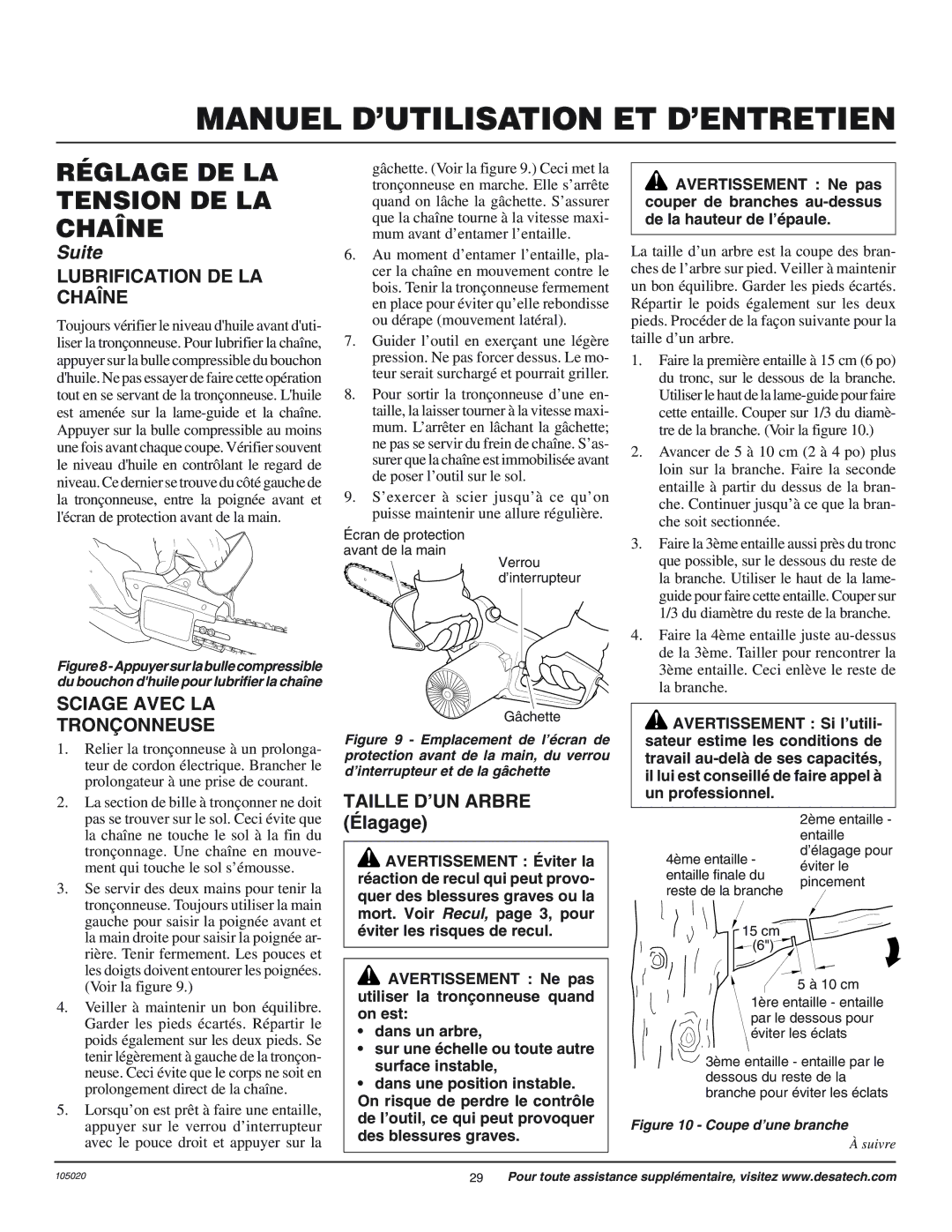 Desa LNT-3 10-inch, LNT-3 12-inch Lubrification DE LA CHAëNE, Sciage Avec LA TRON‚ONNEUSE, Taille Dõun Arbre ƒlagage 