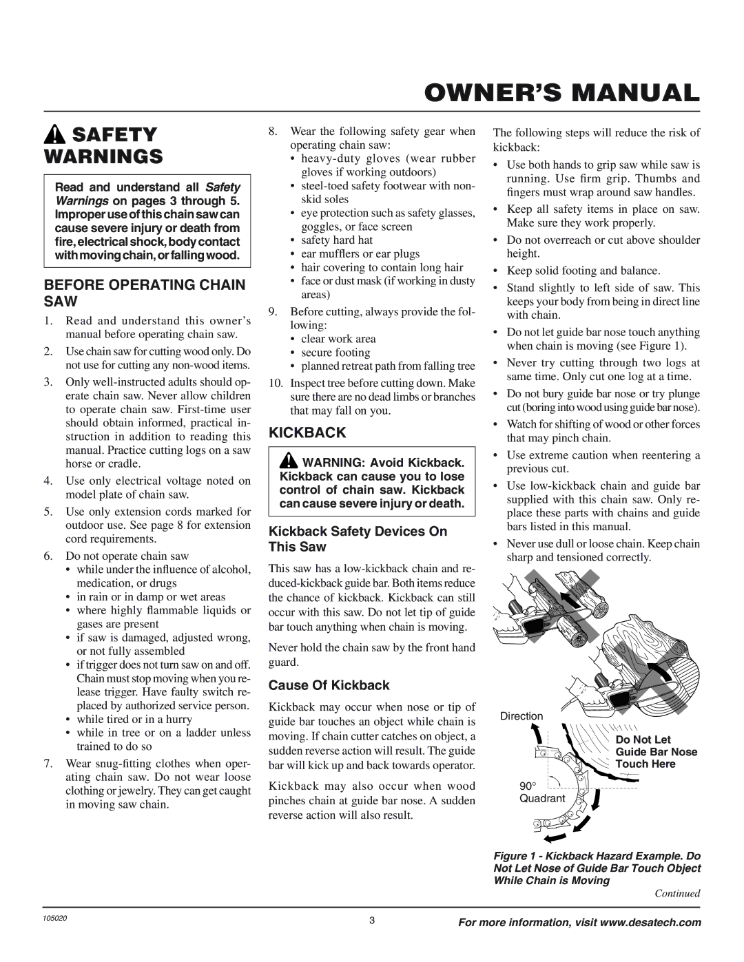 Desa EL-7 16-inch, LNT-2 8-inch Before Operating Chain SAW, Kickback Safety Devices On This Saw, Cause Of Kickback 