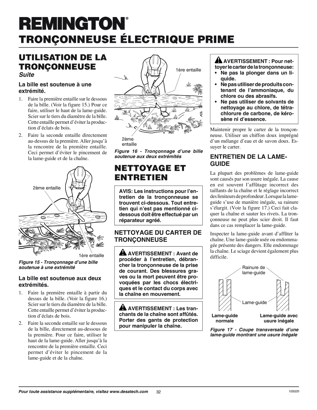 Desa EL-7 14-inch, LNT-3 12-inch Nettoyage ET Entretien, Entretien DE LA LAME- Guide, Nettoyage DU Carter DE TRON‚ONNEUSE 