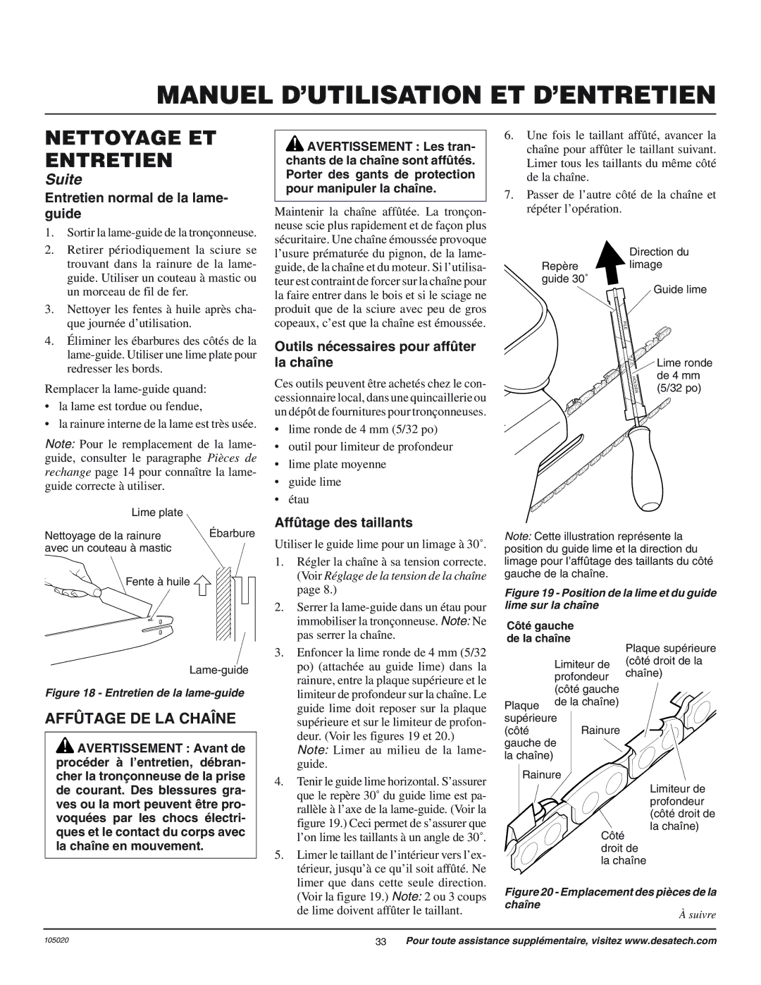 Desa EL-7 16-inch AFFóTAGE DE LA CHAëNE, Entretien normal de la lame- guide, Outils nŽcessaires pour affžter la chane 