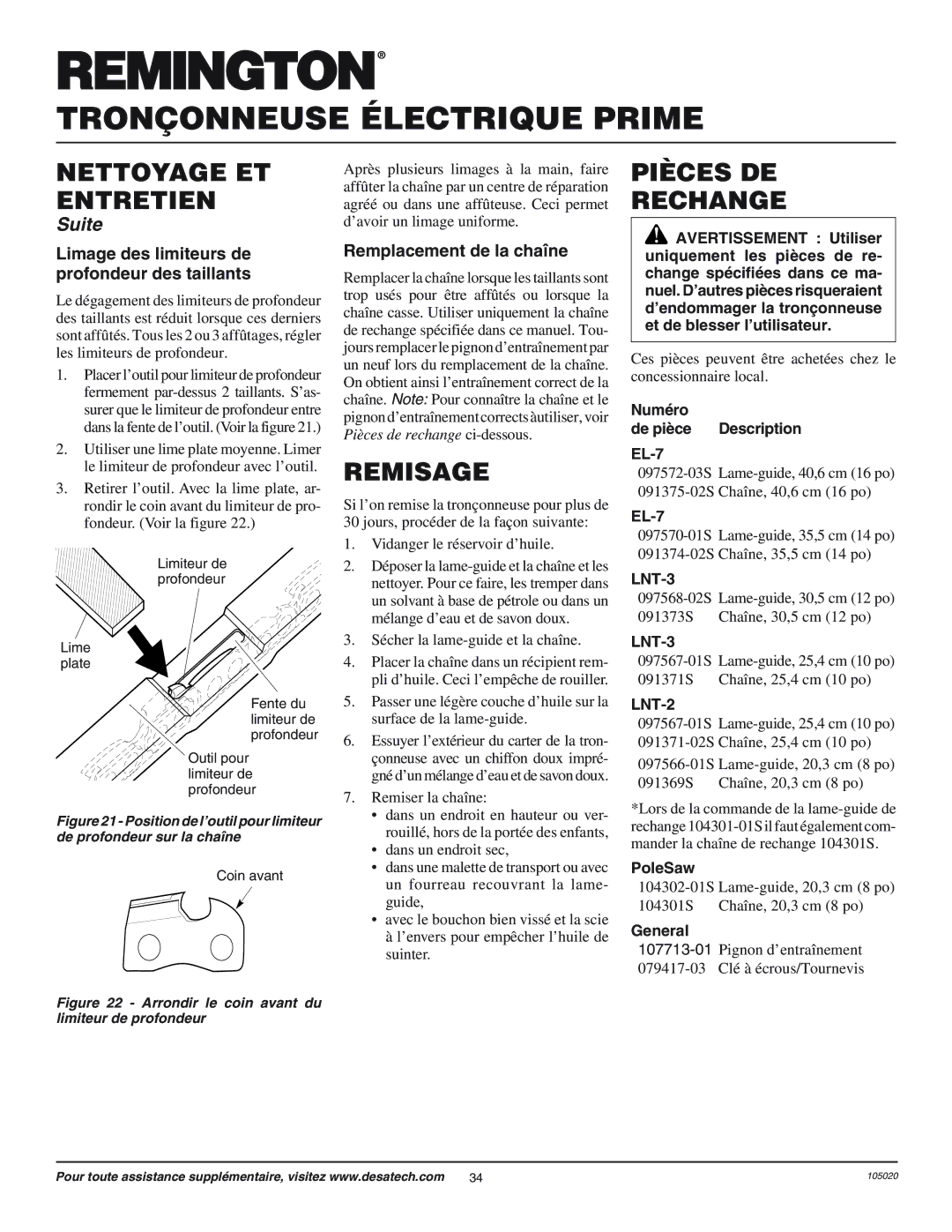 Desa LNT-2 10-inch Remisage, Pièces DE Rechange, Limage des limiteurs de profondeur des taillants, Remiser la chaîne 