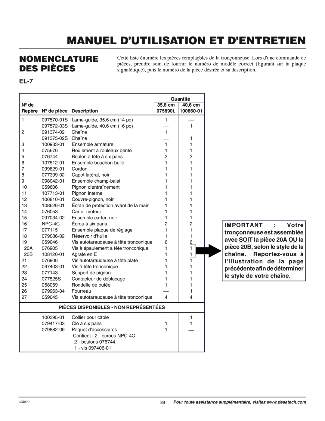 Desa EL-7 16-inch, LNT-3 12-inch, LNT-2 8-inch, EL-7 14-inch, LNT-2 10-inch, LNT-3 10-inch owner manual QuantitŽ 