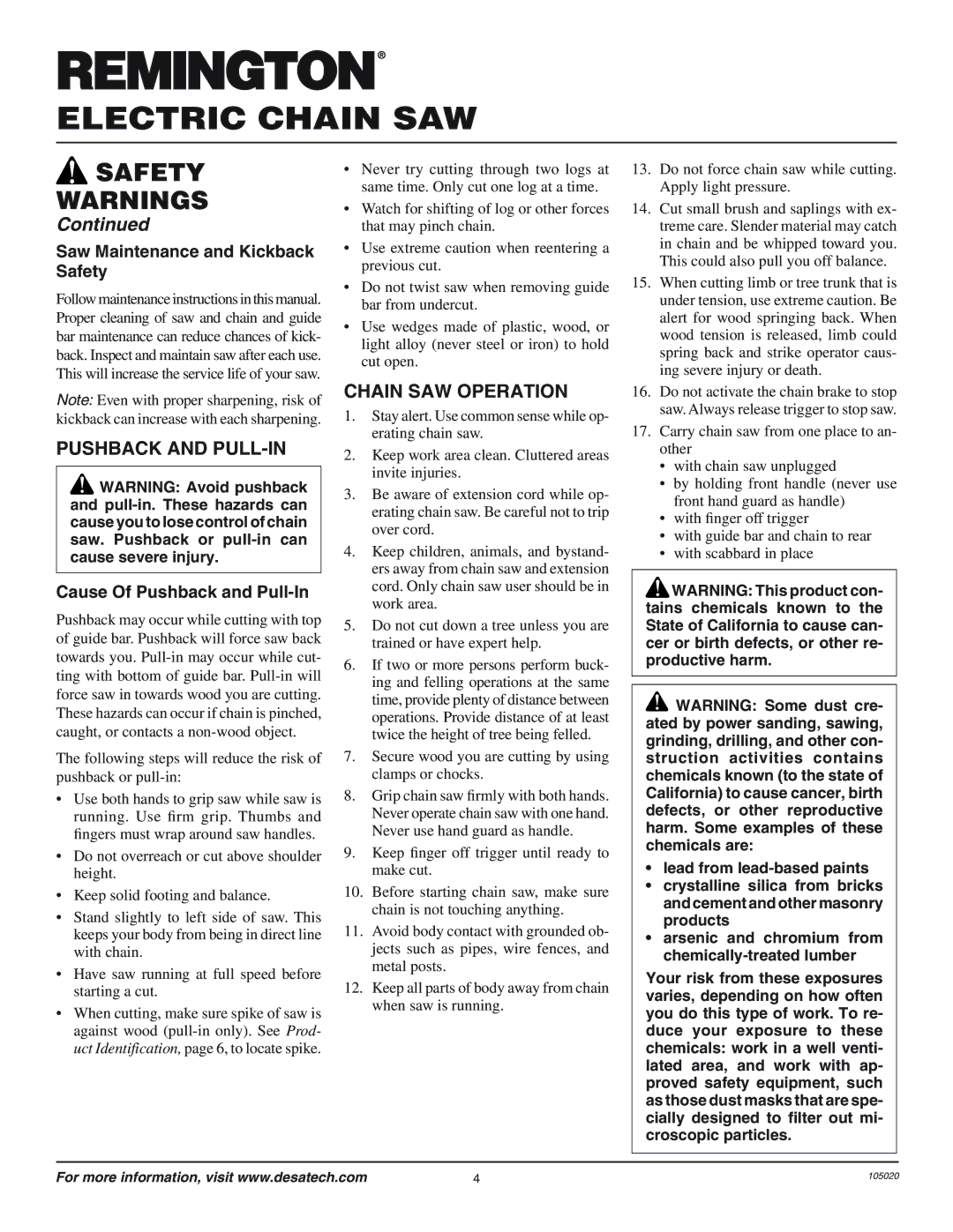 Desa LNT-2 10-inch, LNT-3 12-inch Pushback and PULL-IN, Chain SAW Operation, Saw Maintenance and Kickback Safety 