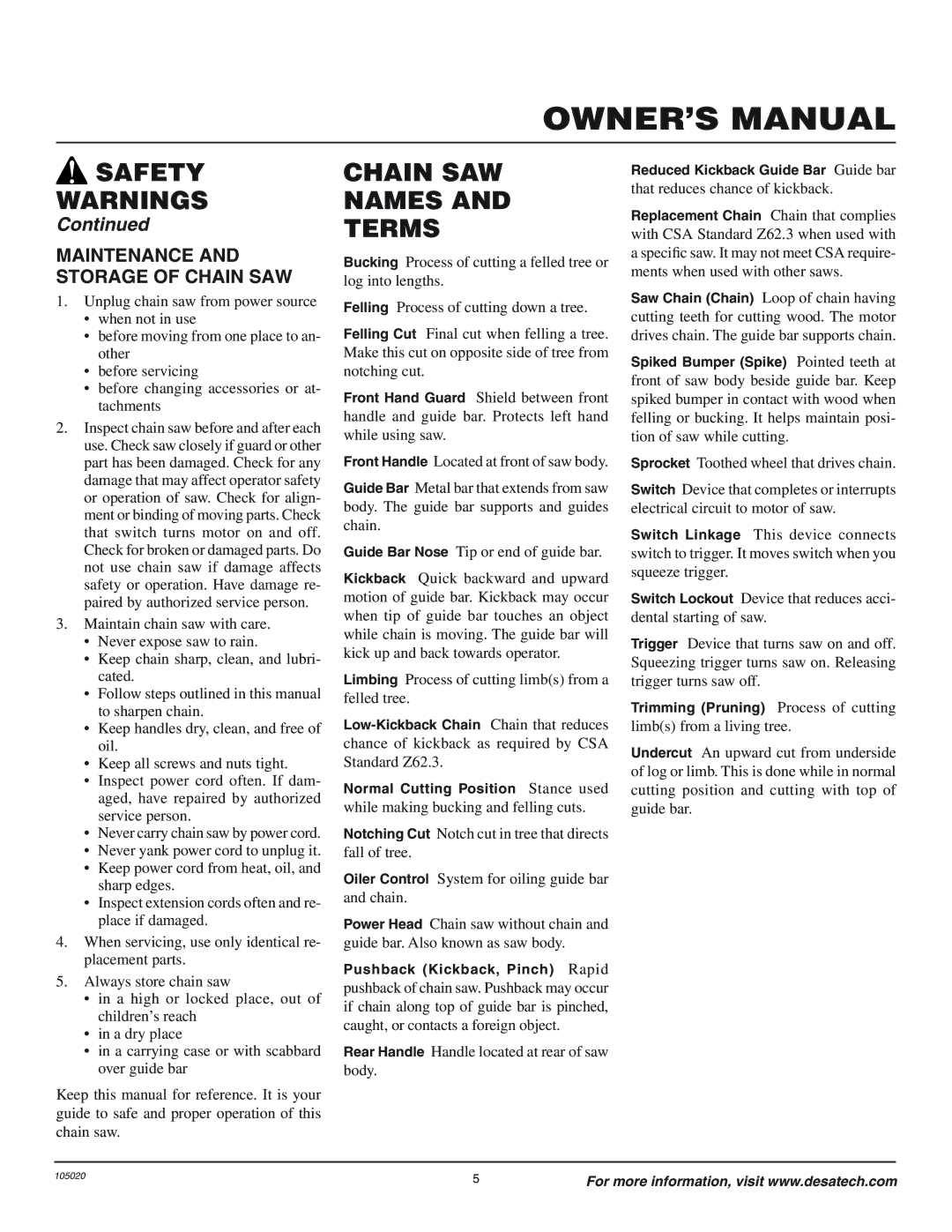 Desa LNT-3 10-inch, LNT-3 12-inch, LNT-2 8-inch, EL-7 14-inch Chain SAW Names Terms, Maintenance and Storage of Chain SAW 