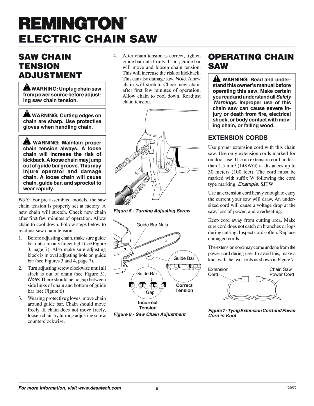 Desa EL-7 14-inch, LNT-3 12-inch, LNT-2 8-inch SAW Chain Tension Adjustment, Operating Chain SAW, Extension Cords 