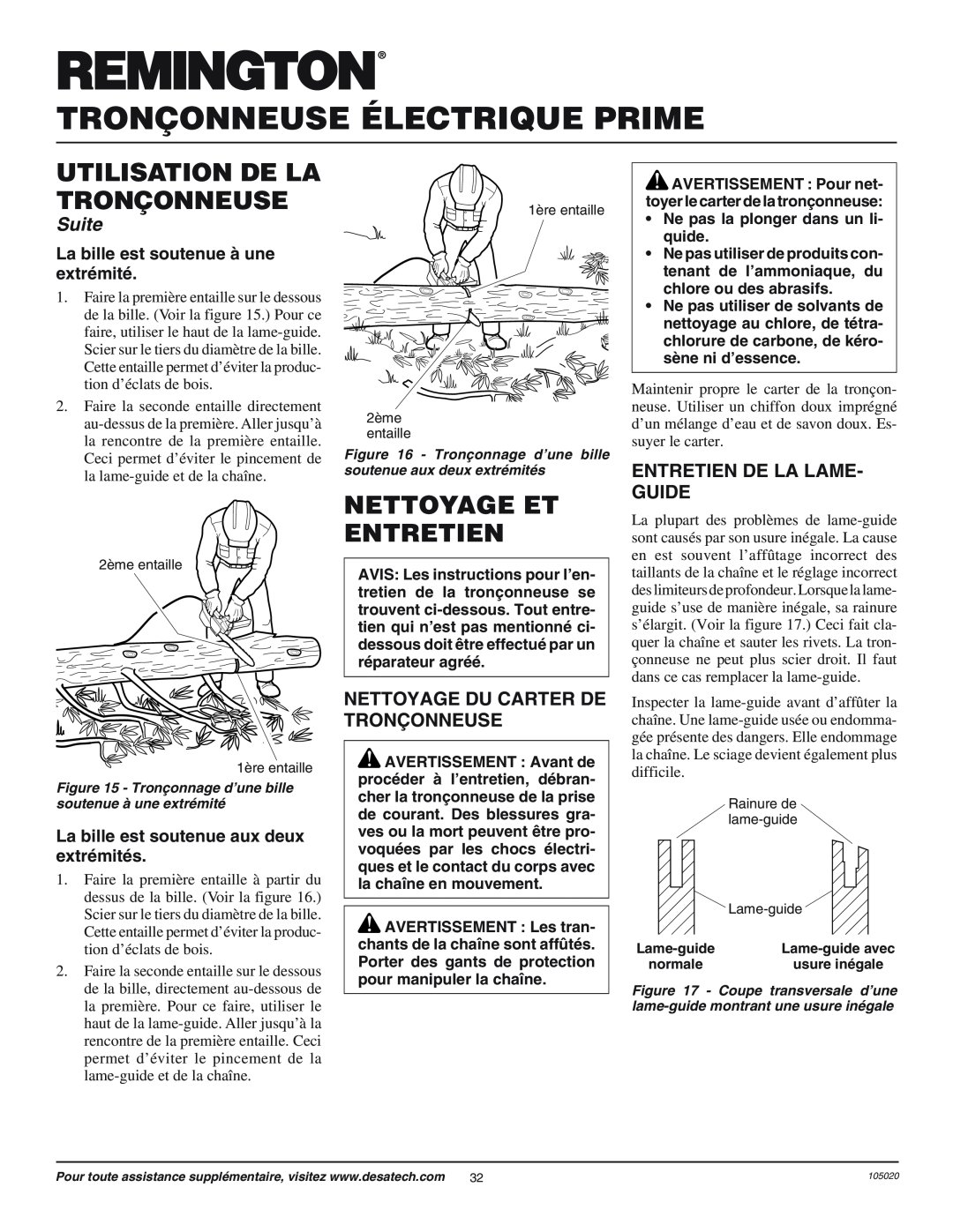 Desa EL-7 14-inch Nettoyage Et Entretien, Entretien De La Lame- Guide, Nettoyage Du Carter De Tron‚Onneuse, Suite 