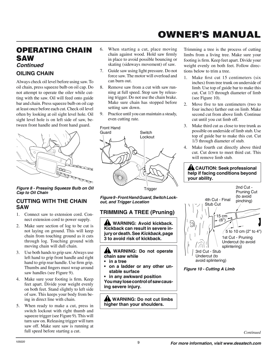 Desa EL-7 16-inch Oiling Chain, Cutting With The Chain Saw, TRIMMING A TREE Pruning, Operating Chain Saw, Continued 