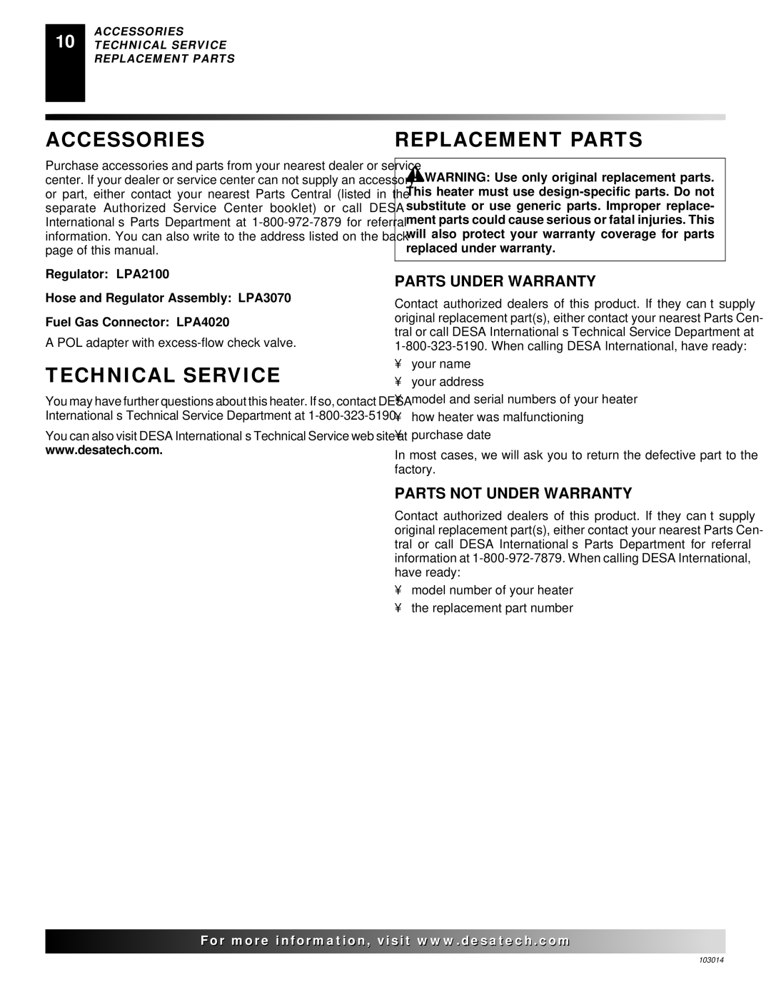 Desa LP155AT owner manual Accessories Replacement Parts, Technical Service, Parts Under Warranty, Parts not Under Warranty 