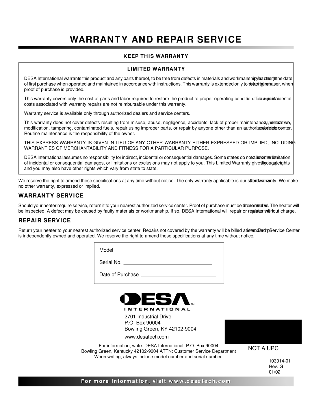 Desa LP155AT owner manual Warranty and Repair Service 