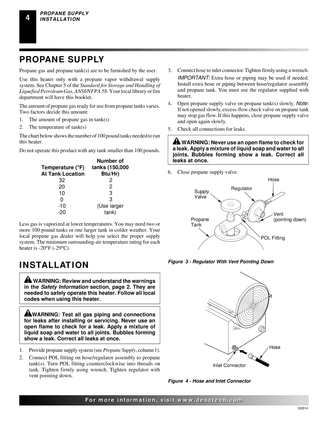 Desa LP155AT owner manual Propane Supply, Installation 