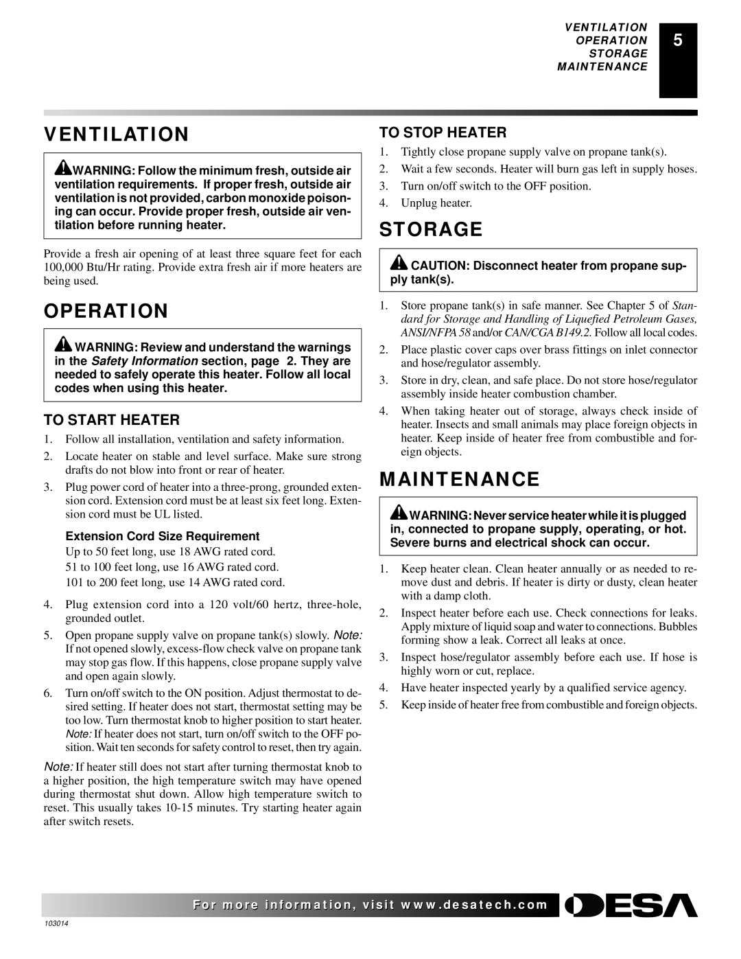 Desa LP155AT owner manual Ventilation, Operation, Storage, Maintenance 