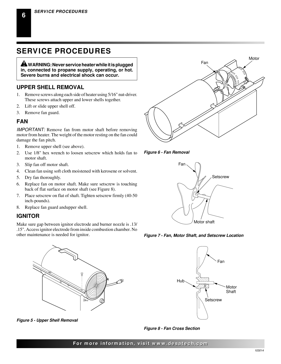 Desa LP155AT owner manual Service Procedures, Upper Shell Removal, Fan, Ignitor 