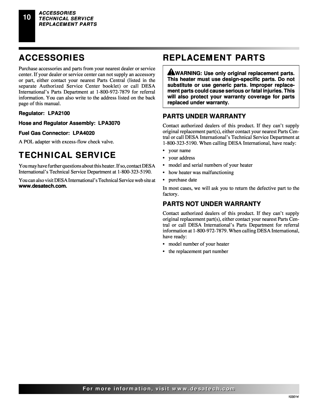 Desa LP155AT Accessories, Replacement Parts, Technical Service, Regulator LPA2100, Hose and Regulator Assembly LPA3070 