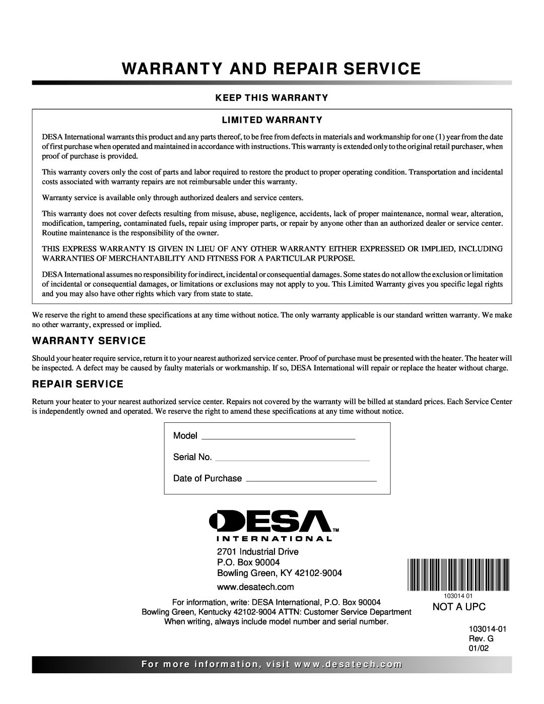 Desa LP155AT owner manual Warranty And Repair Service, Warranty Service, Not A Upc, Keep This Warranty Limited Warranty 