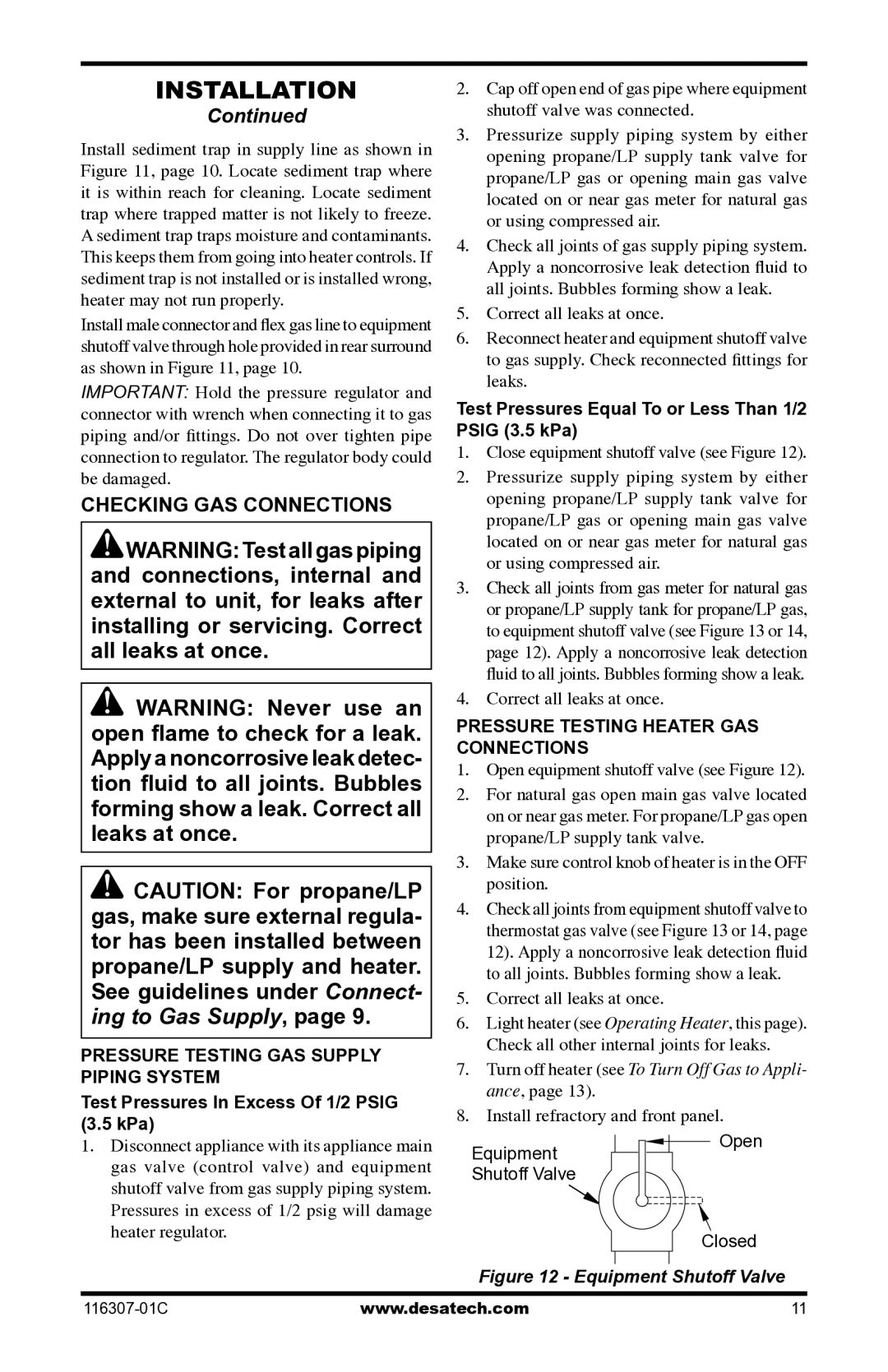 Desa VSF30PT, LSFG20NT installation manual Checking GAS Connections, Test Pressures Equal To or Less Than 1/2 Psig 3.5 kPa 
