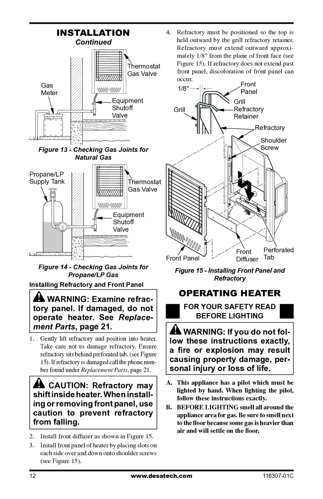 Desa LSFG20NT, VSF30PT Operating Heater, For Your Safety Read Before Lighting, Installing Refractory and Front Panel 