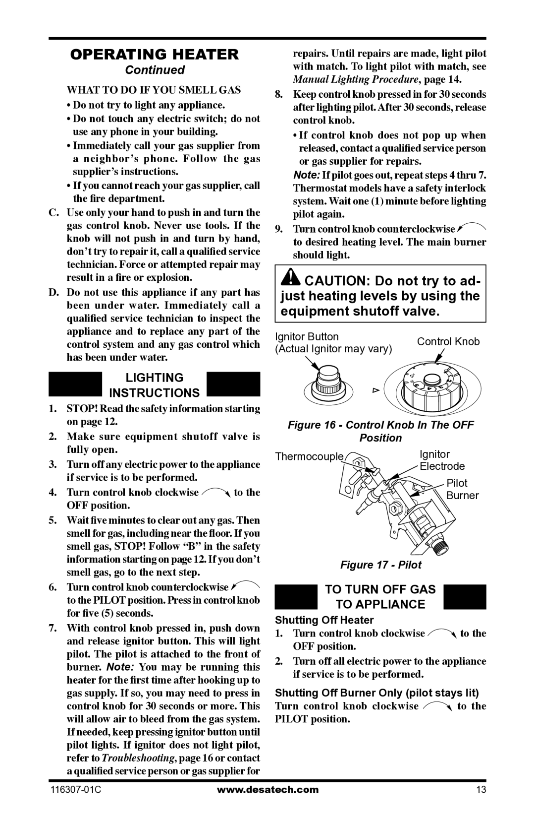 Desa VSF30PT, LSFG20NT installation manual Lighting Instructions, To Turn OFF GAS To Appliance, Shutting Off Heater 