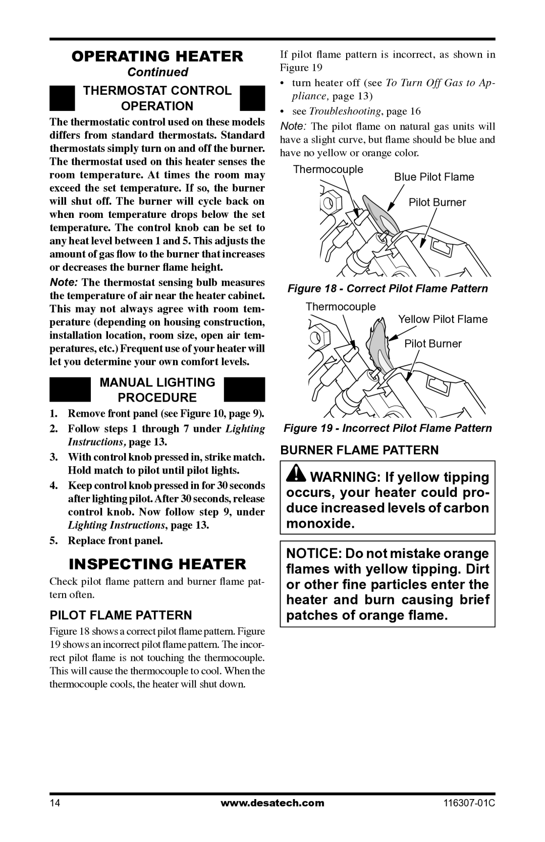 Desa LSFG20NT, VSF30PT Inspecting Heater, Operation, Manual Lighting Procedure, Pilot Flame Pattern, Burner Flame Pattern 