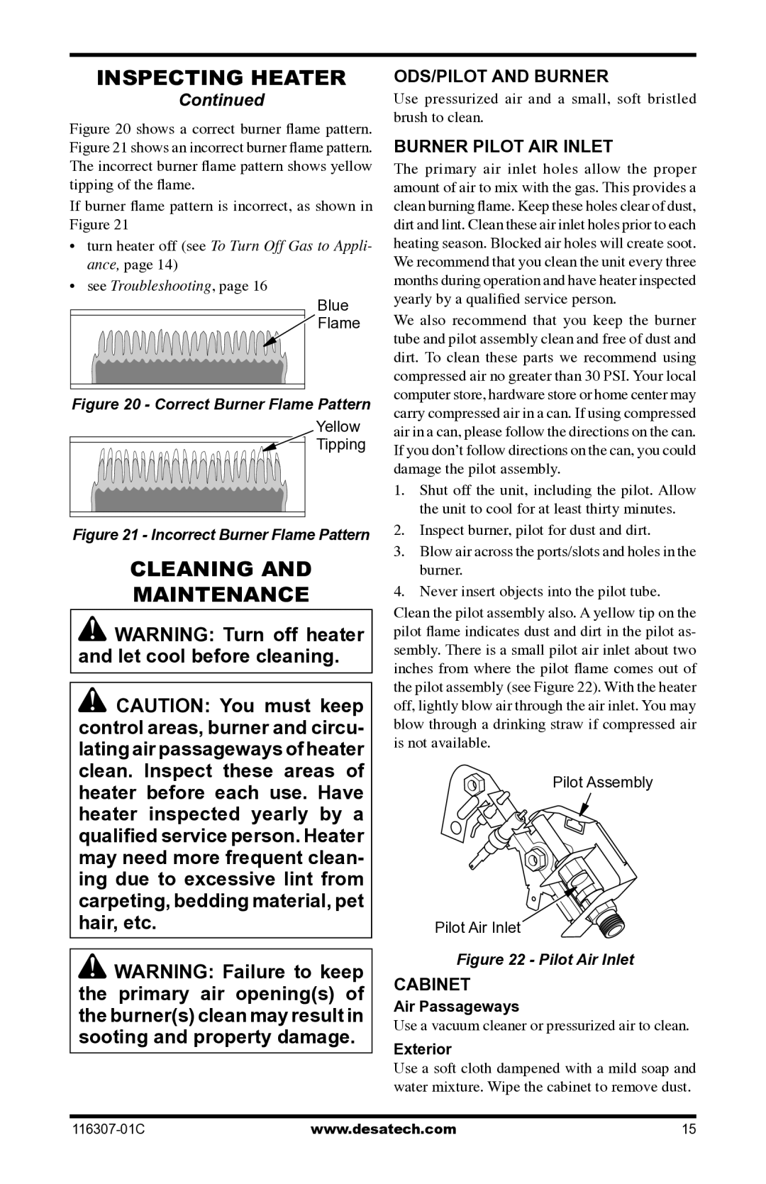 Desa VSF30PT, LSFG20NT installation manual Cleaning Maintenance, ODS/PILOT and Burner, Burner Pilot Air Inlet, Cabinet 