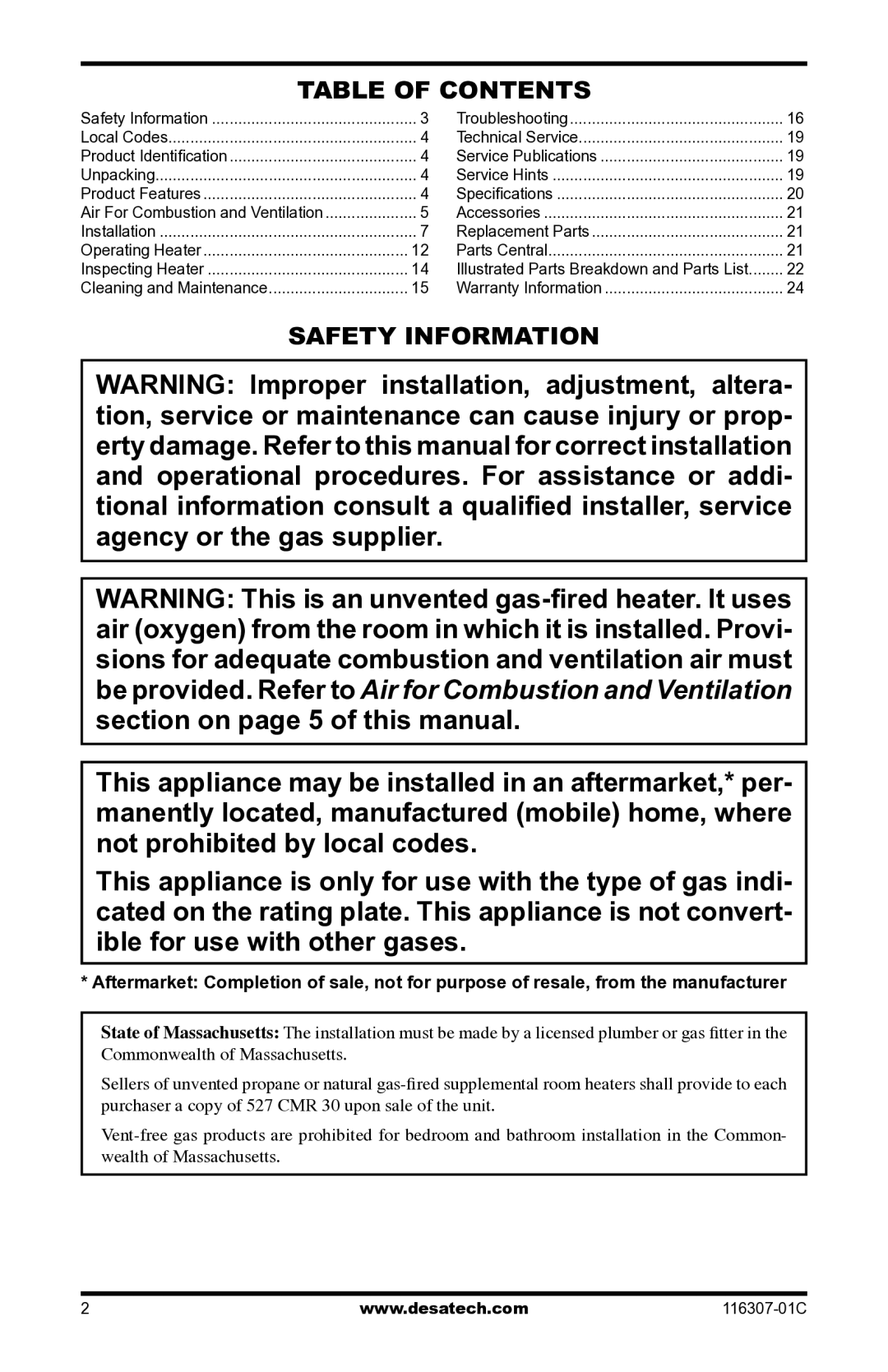 Desa LSFG20NT, VSF30PT installation manual Table of Contents, Safety Information 