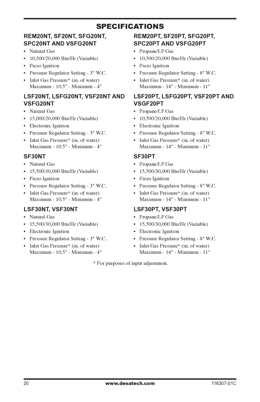 Desa VSF30PT Specifications, LSF20NT, LSFG20NT, VSF20NT LSF20PT, LSFG20PT, VSF20PT, VSFG20NT VSGF20PT, SF30NT SF30PT 