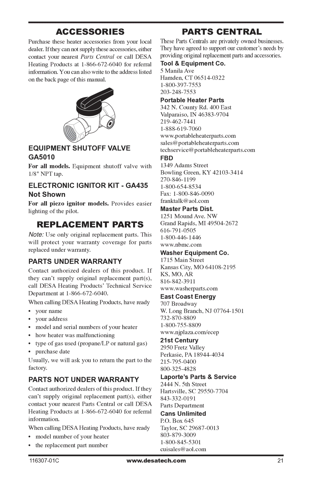 Desa VSF30PT, LSFG20NT installation manual Accessories, Replacement Parts, Parts Central 