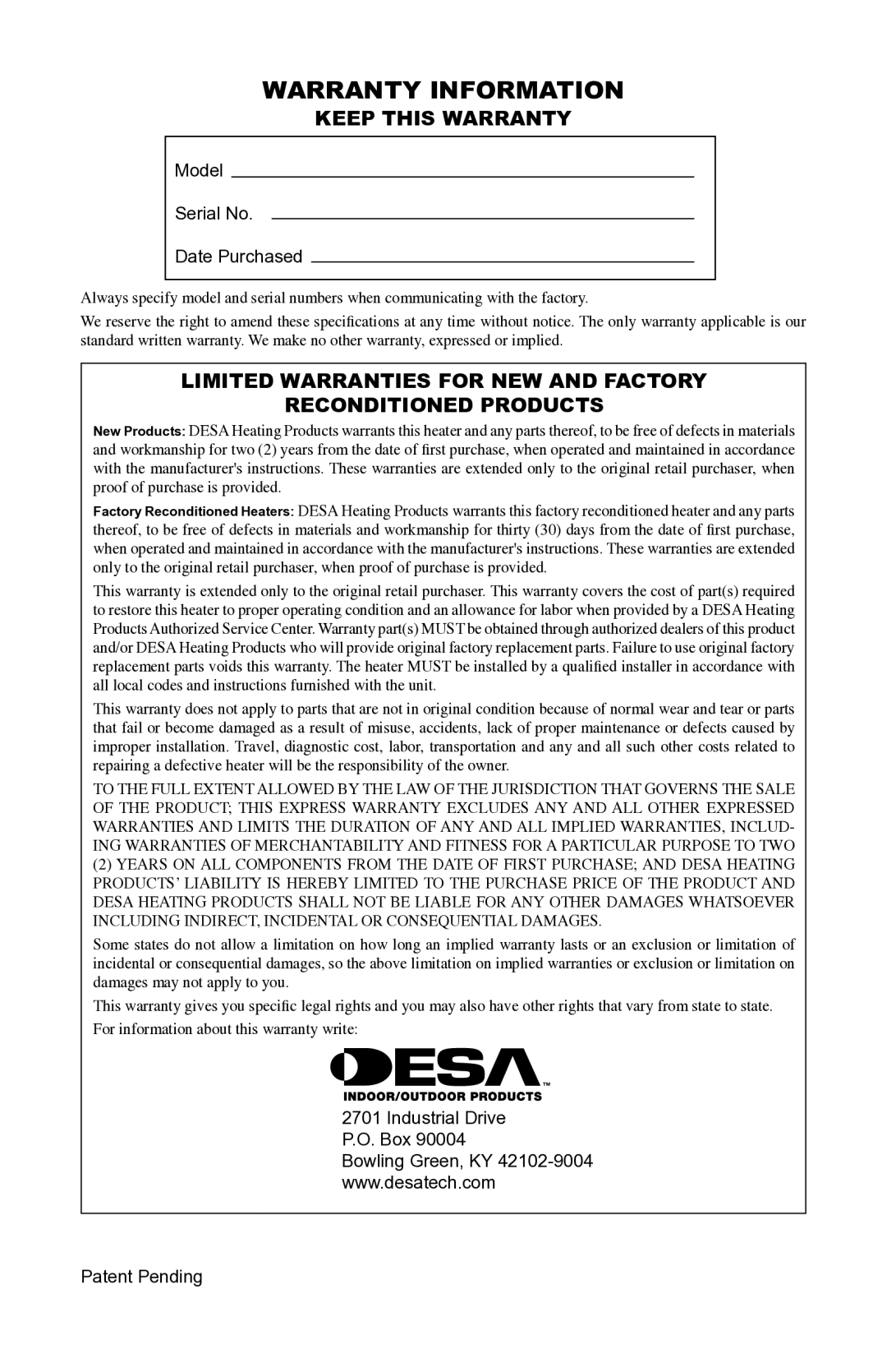 Desa LSFG20NT, VSF30PT installation manual Warranty Information, Keep this Warranty 