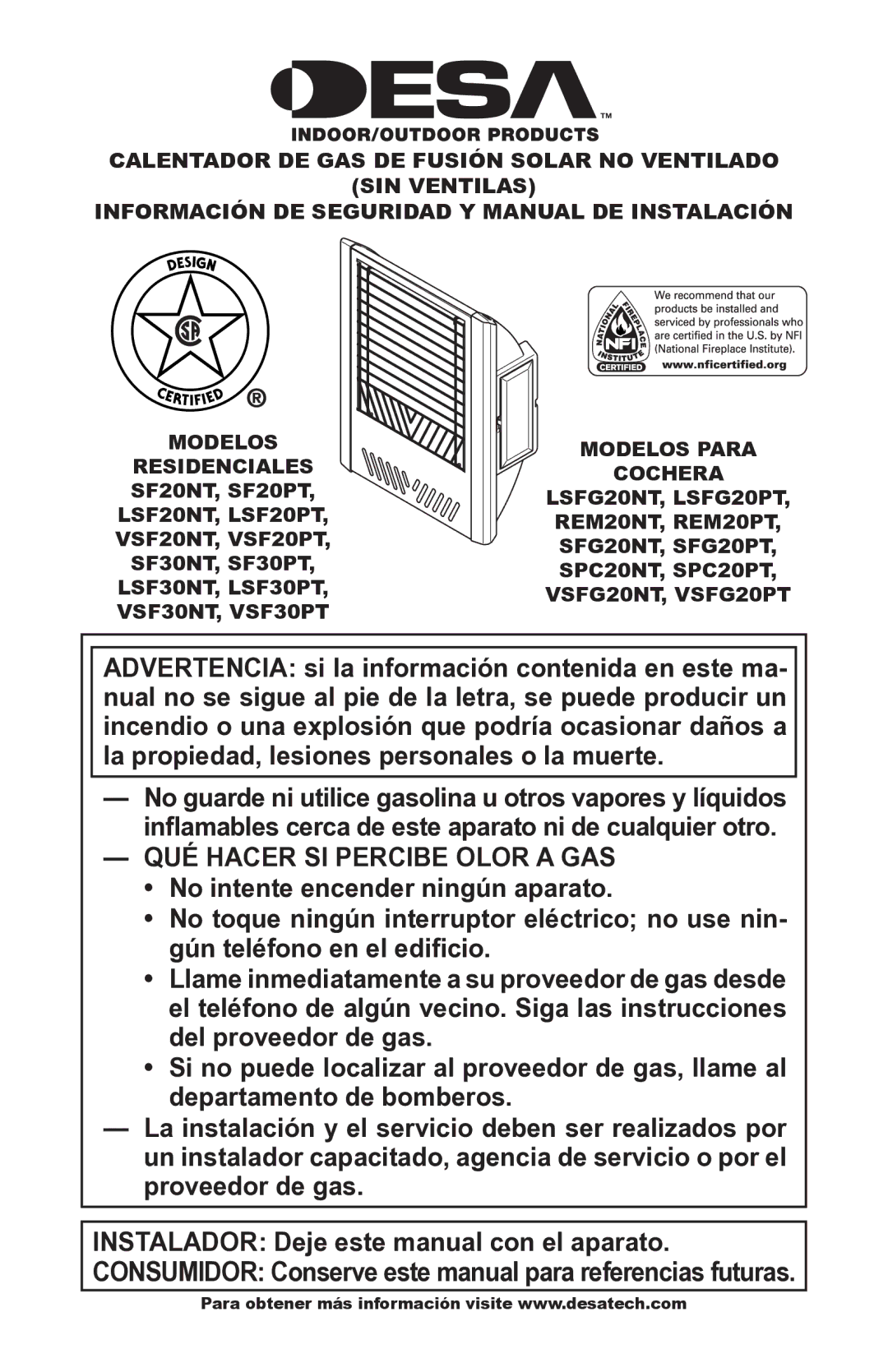 Desa VSF30PT, LSFG20NT Consumidor Conserve este manual para referencias futuras, Modelos Para Cochera 