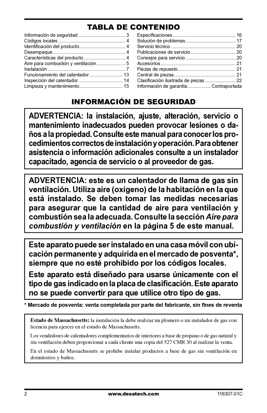 Desa LSFG20NT, VSF30PT installation manual Tabla de contenido, Información de seguridad 