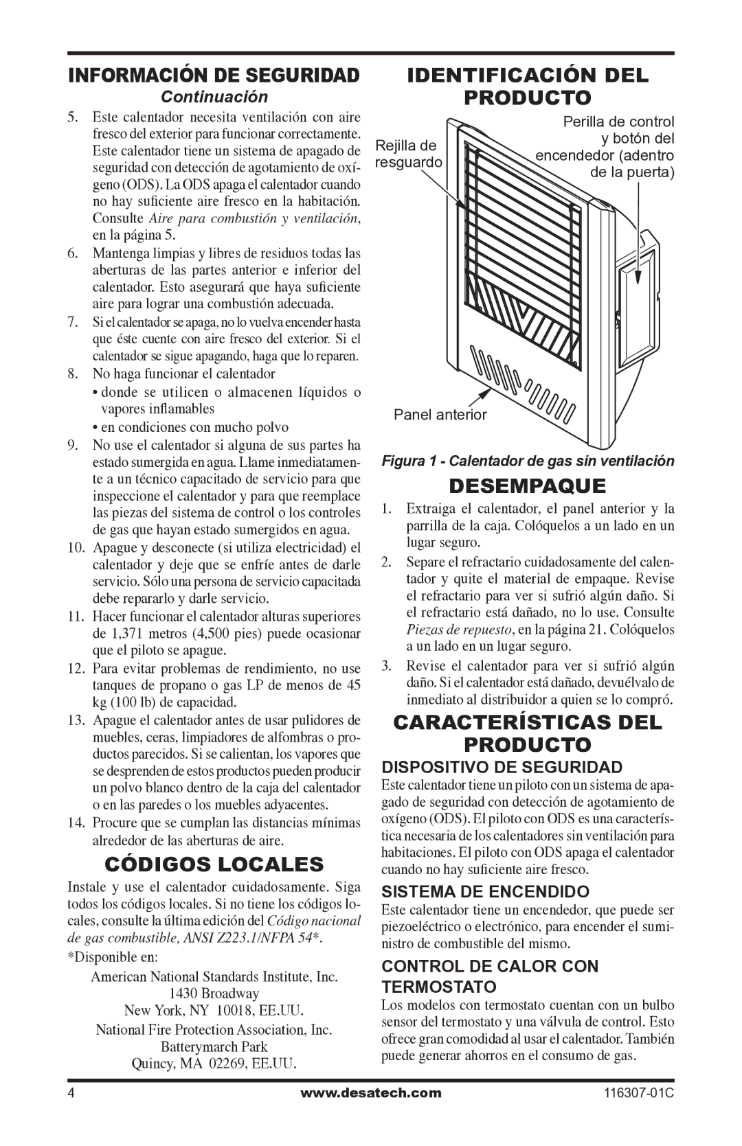 Desa LSFG20NT, VSF30PT Códigos locales, Identificación del Producto, Desempaque, Características del Producto 